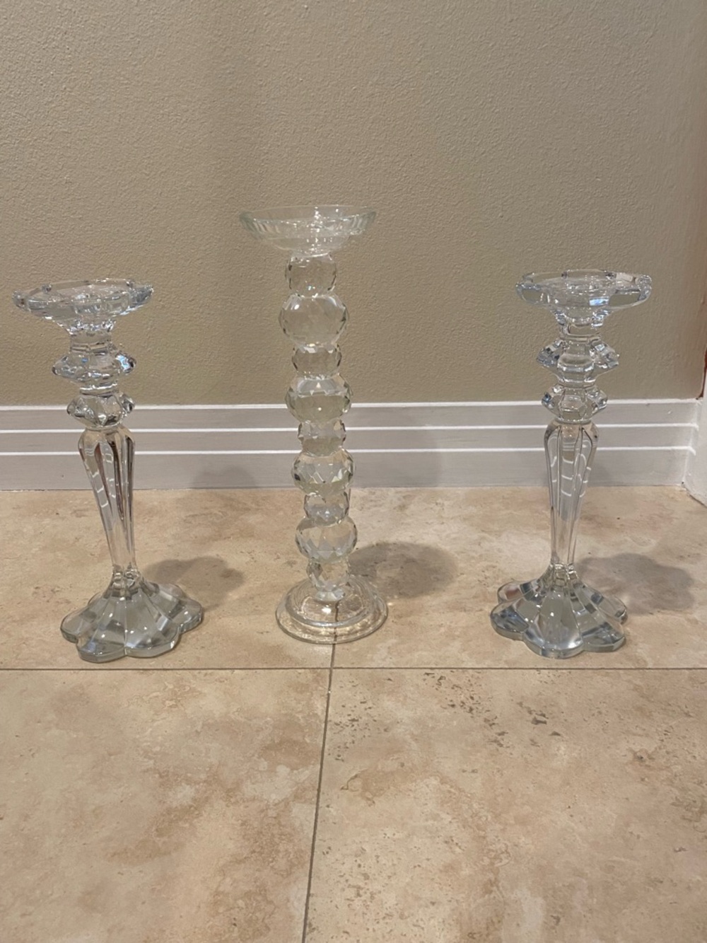 Set of 3 Clear Glass Candle Holders – Elegant Faceted Design